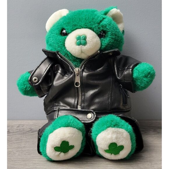 Wacky Bear Factory VTG GN Shamrock Bear Stuffed Animal Plush Faux Leather Outfit - Picture 1 of 13